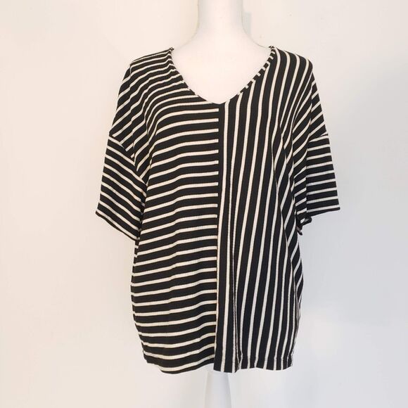 Blouse Next SIZE XL Black White Stripe Short SLIT Sleeve Blouse Top V-Neck - Picture 4 of 14